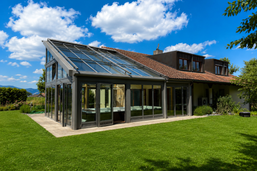 außenansicht mit rasen, wintergarten, ziegeldach, day time, und property visible