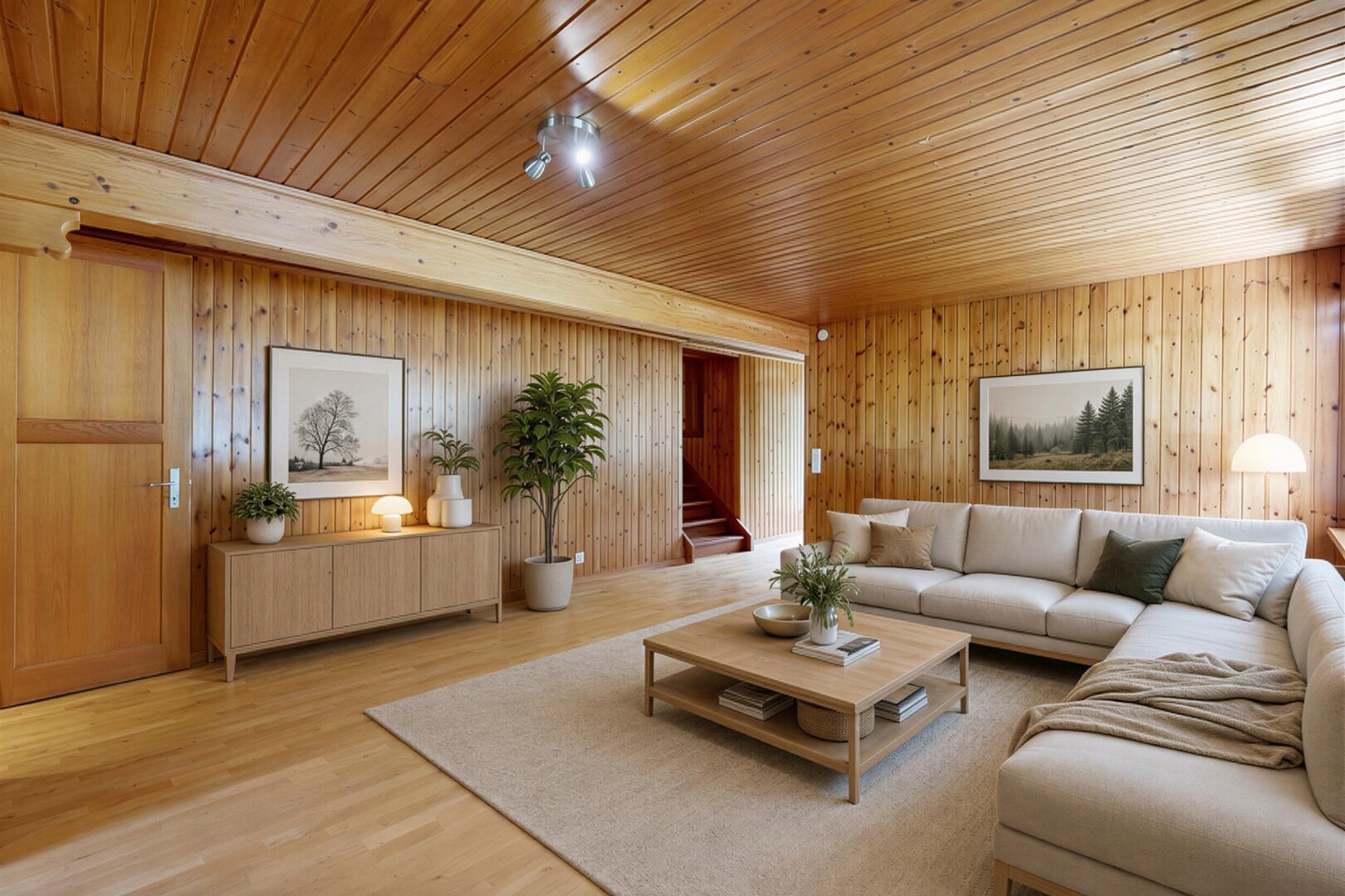 pièce vide avec sol en finition bois, wood finish floor, inside property, escaliers, et mur en bois