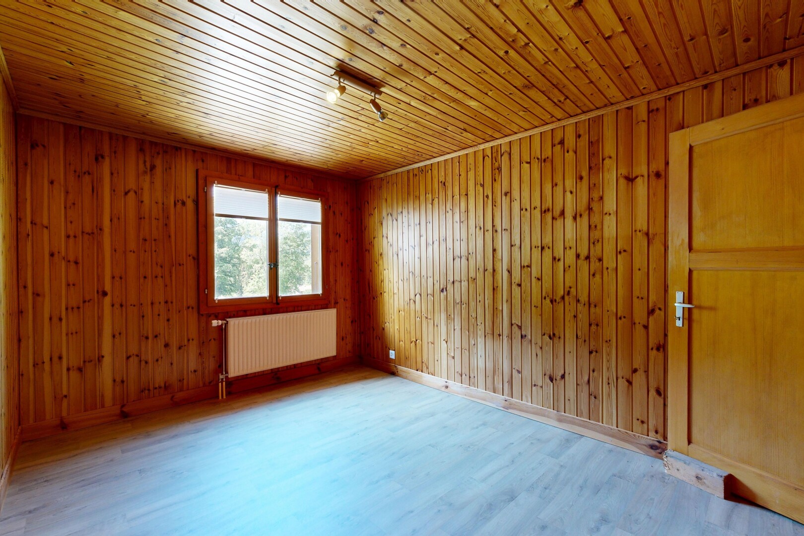 pièce vide avec lumière naturelle, natural light, sol en finition bois, wood finish floor, et radiateur