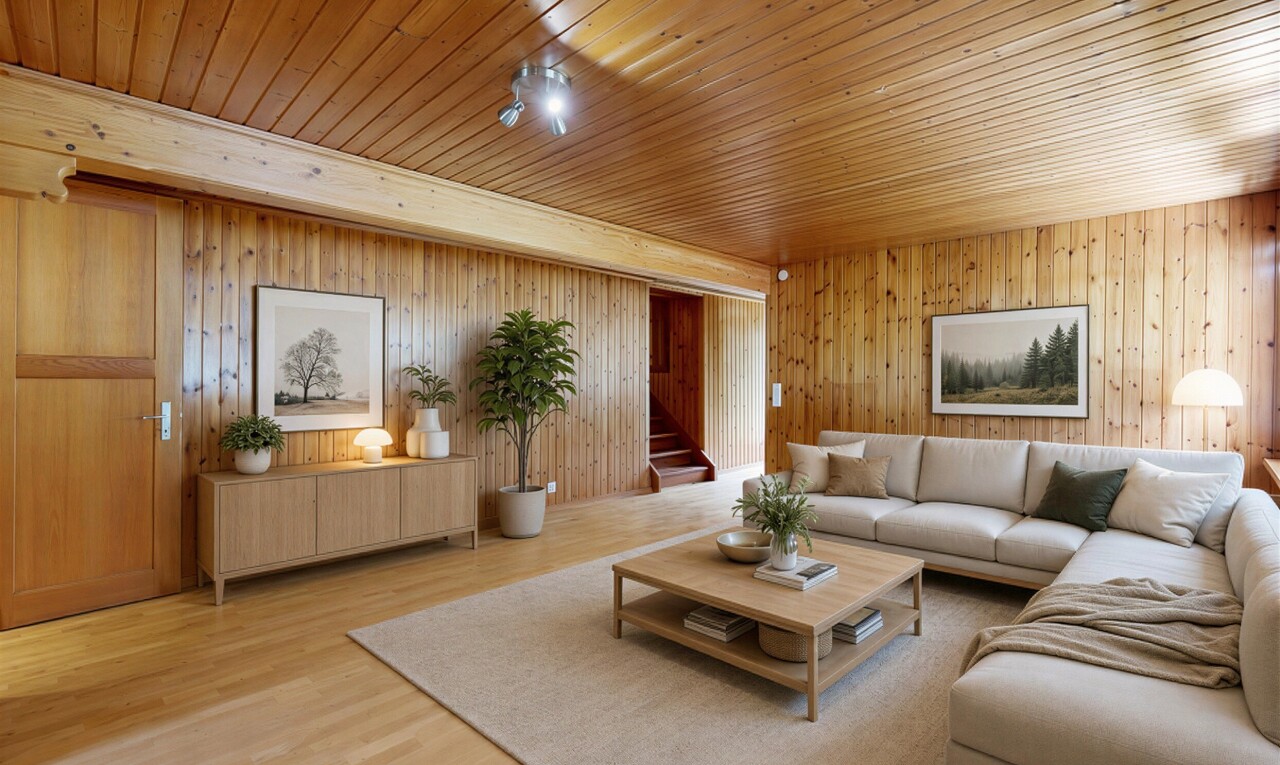 pièce vide avec sol en finition bois, wood finish floor, inside property, escaliers, et mur en bois