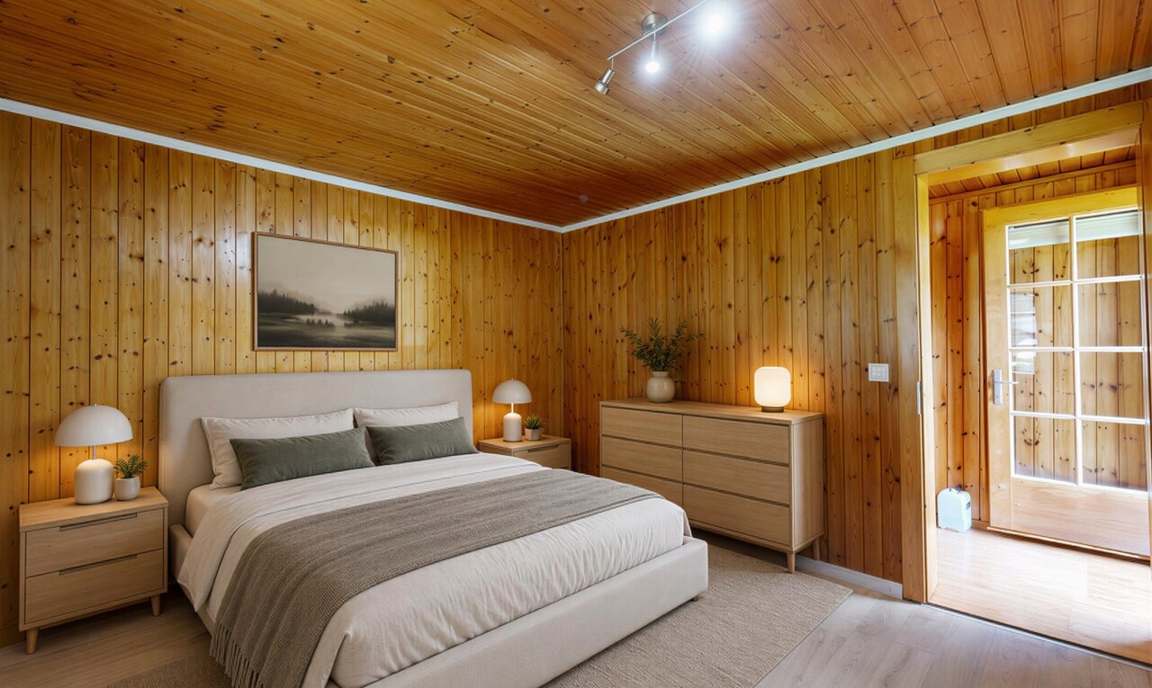 pièce vide avec éclairage sur rail, track lighting, sol en finition bois, wood finish floor, et plafond en bois