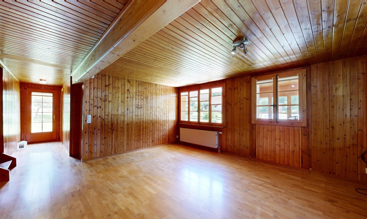 pièce vide avec lumière naturelle, natural light, sol en finition bois, wood finish floor, et radiateur