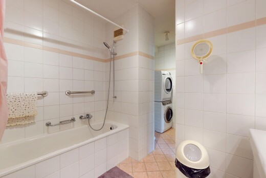 bad mit fliesenwand, tile wall, waschturm, tile tub, und fliesenboden
