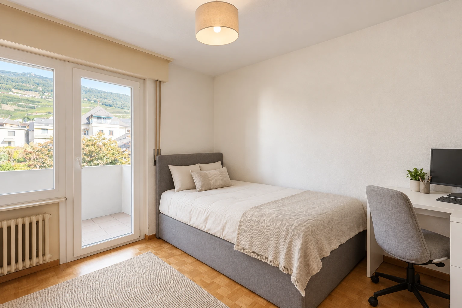 chambre avec radiateur, accès à l'extérieur, wood finish floor, sol en finition bois, et drywall