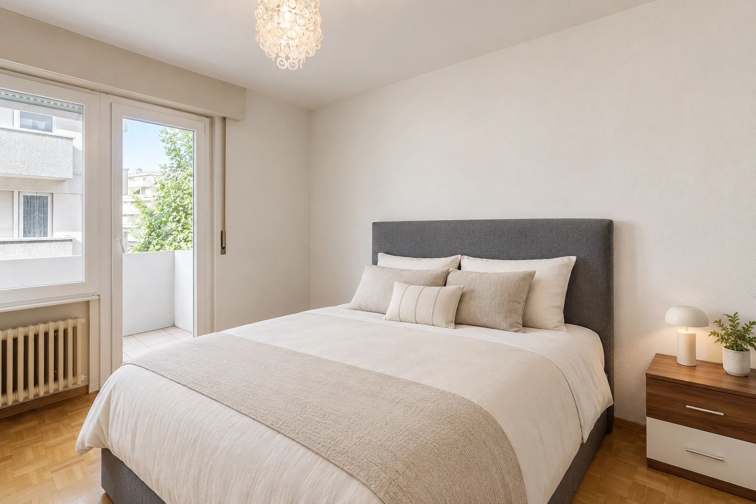 chambre avec radiateur, drywall, cloison sèche, wood finish floor, et sol en finition bois