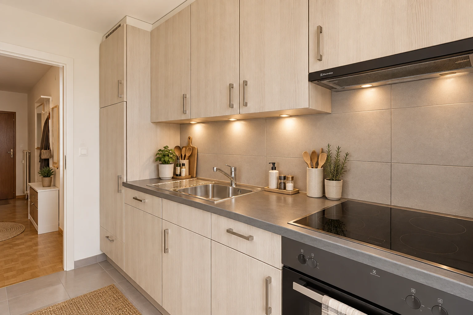 cuisine avec hotte, plaque de cuisson, light floor, évier, et plans de travail