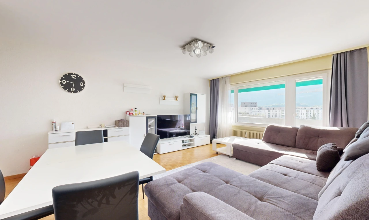 salon / salle à manger avec télévision, drywall, cloison sèche, et radiateur