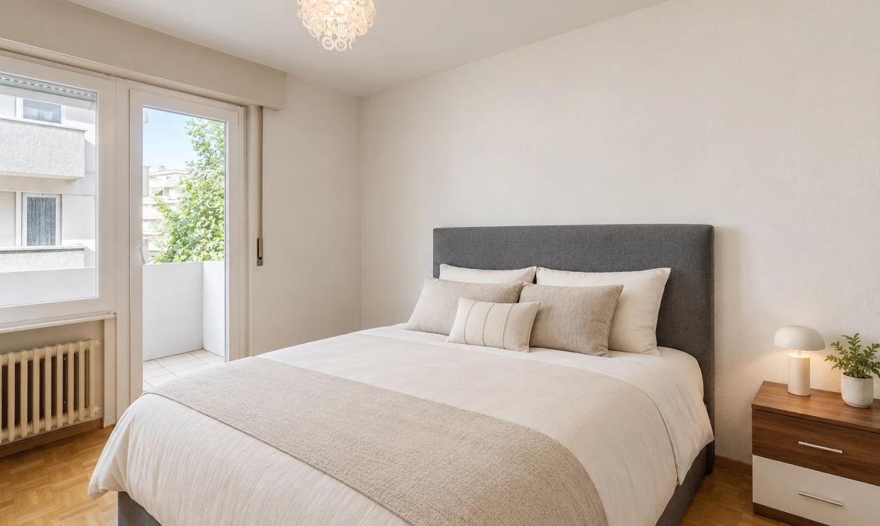 chambre avec radiateur, drywall, cloison sèche, wood finish floor, et sol en finition bois