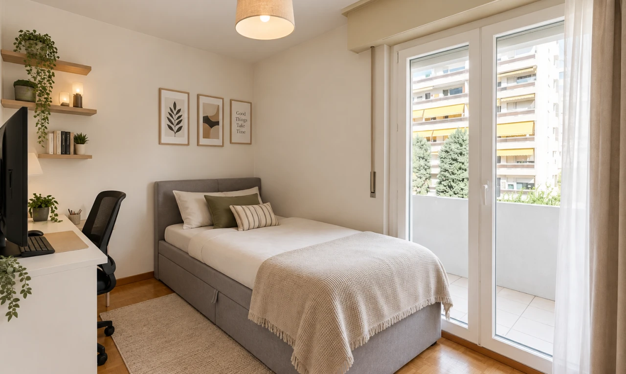 chambre avec wood finish floor, sol en finition bois, drywall, cloison sèche, et espace bureau