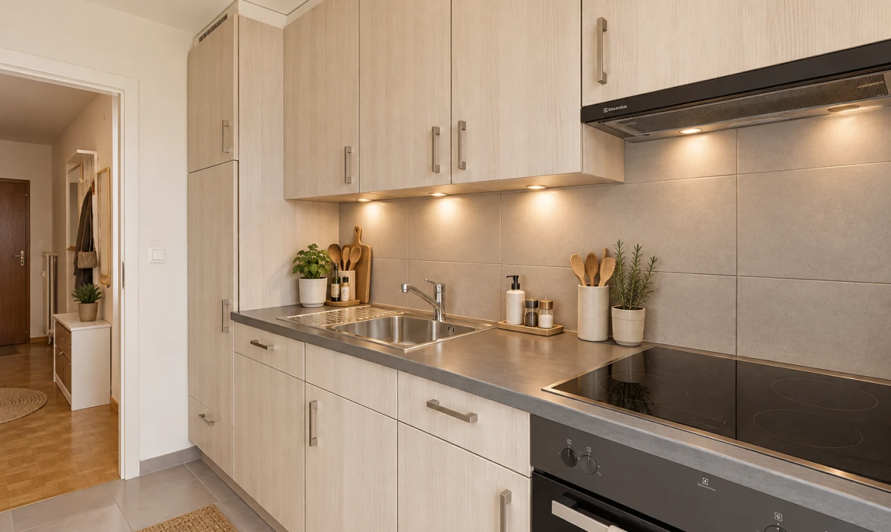 cuisine avec hotte, plaque de cuisson, light floor, évier, et plans de travail