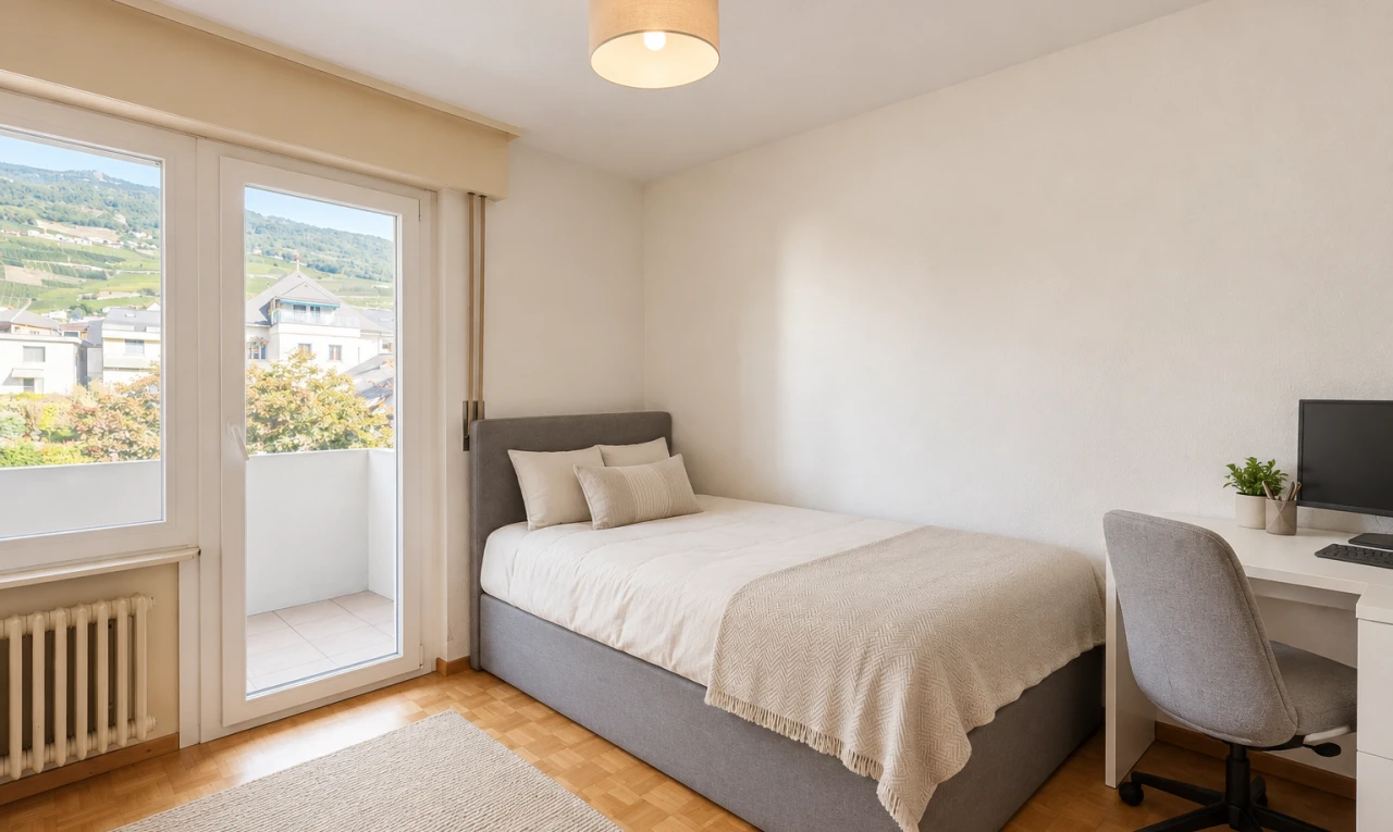 chambre avec radiateur, accès à l'extérieur, wood finish floor, sol en finition bois, et drywall
