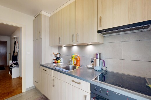 cuisine avec hotte, plaque de cuisson, light floor, évier, et plans de travail