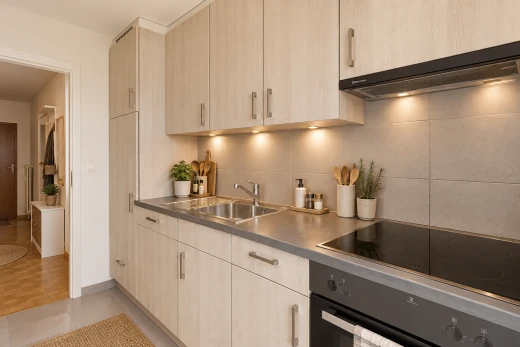 cuisine avec hotte, plaque de cuisson, light floor, évier, et plans de travail