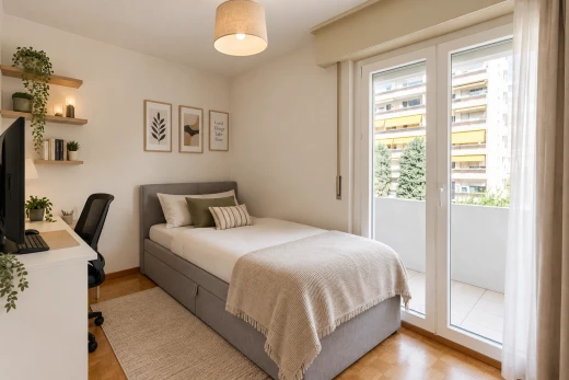 chambre avec wood finish floor, sol en finition bois, drywall, cloison sèche, et espace bureau