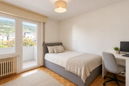 chambre avec radiateur, accès à l'extérieur, wood finish floor, sol en finition bois, et drywall
