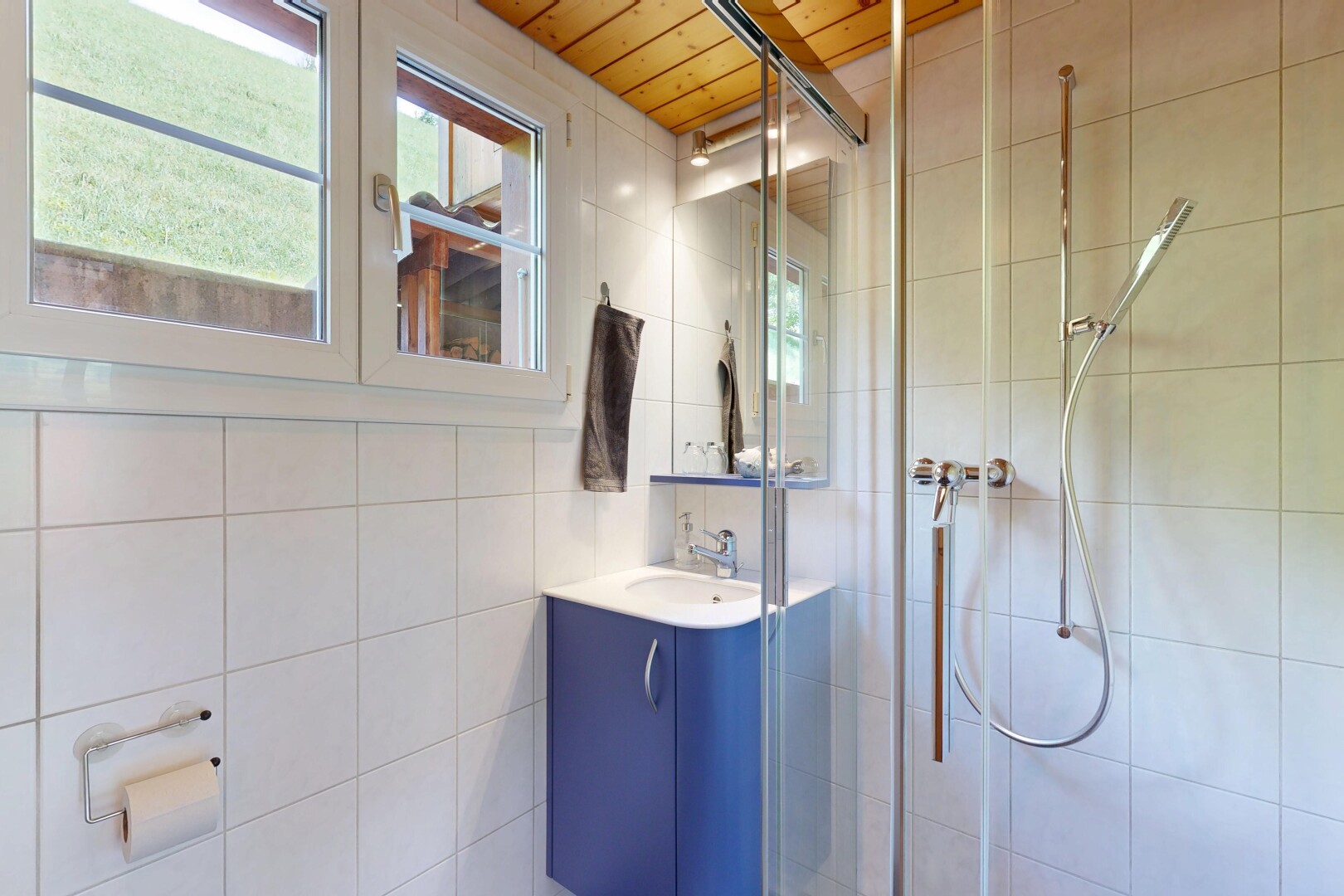 bad mit dusche, schminktisch, komplettes badezimmer, spiegel, und natural light