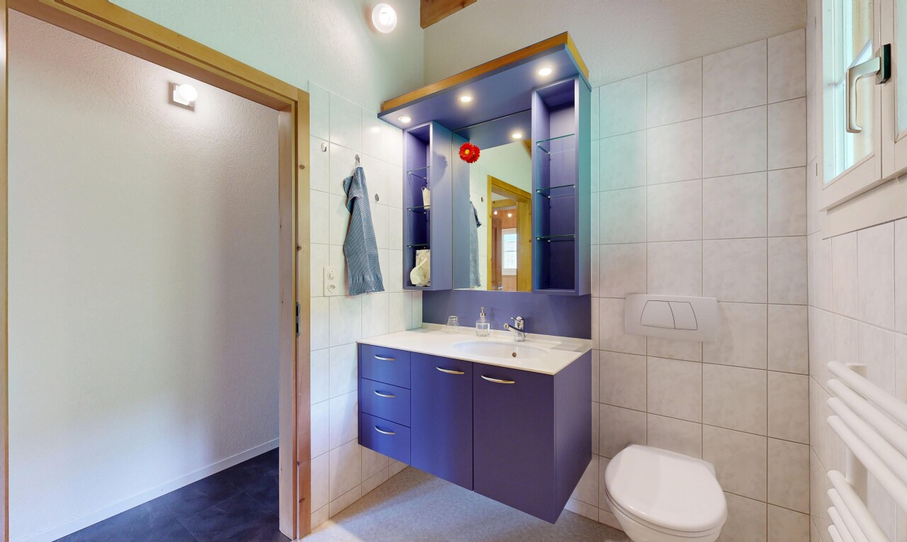 bad mit schminktisch, spiegel, inside property, waschbecken, und tile wall