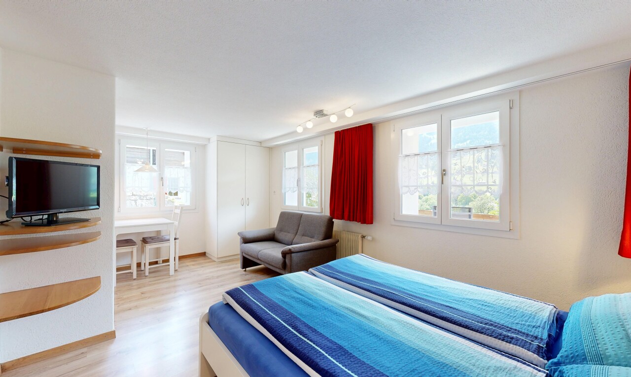 zimmer / schlafzimmer mit inside property, wood finish floor, holzfußboden, fernseher, und natural light