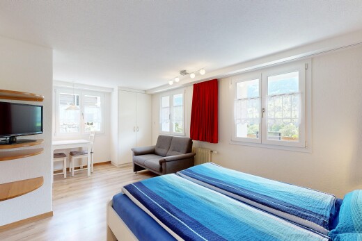 zimmer / schlafzimmer mit inside property, wood finish floor, holzfußboden, fernseher, und natural light