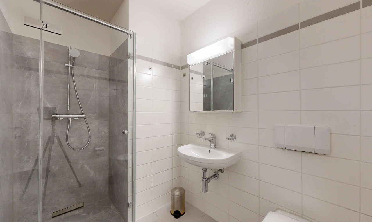 salle de bains avec miroir, douche, salle de bain complète, tile wall, et mur en carrelage