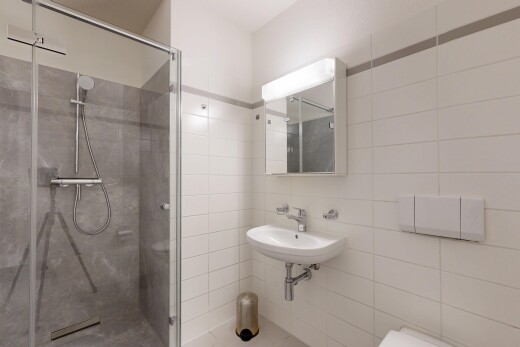 salle de bains avec miroir, douche, salle de bain complète, tile wall, et mur en carrelage