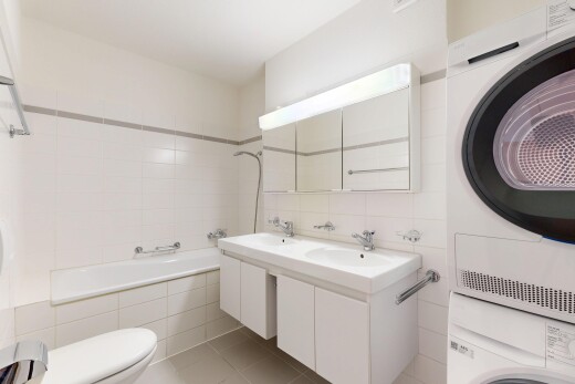 salle de bains avec miroir, salle de bain complète, double vasque, toilette, et lave-linge et sèche-linge superposés