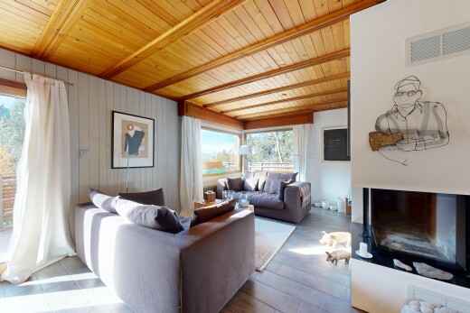 salon avec plafond en bois, wood ceiling, cheminée, ventilation, et inside property