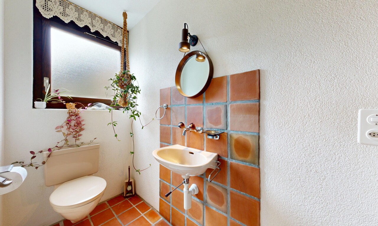 salle de bains avec toilette, miroir, inside property, évier, et lumière naturelle