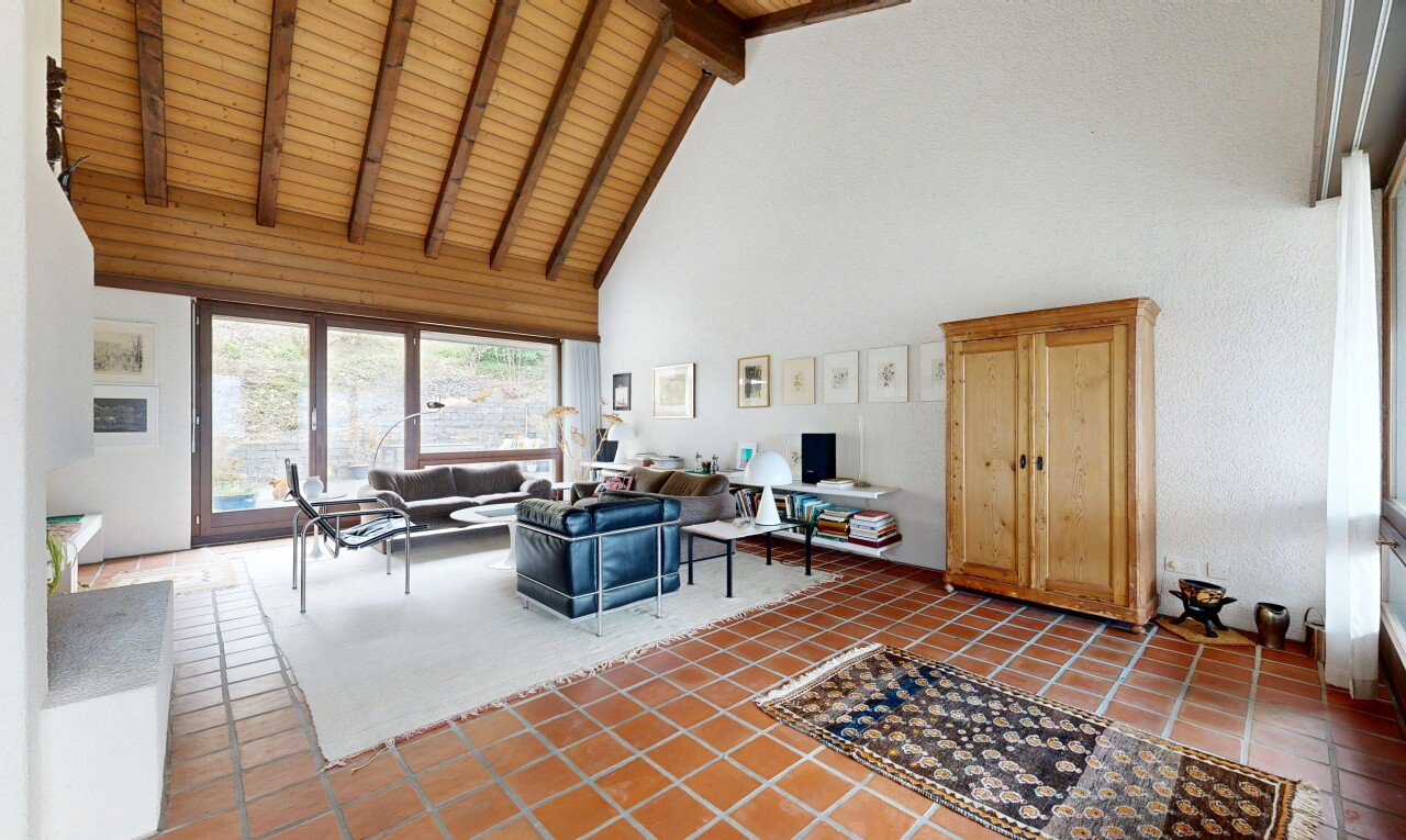 salon avec plafond haut, high ceiling, inside property, plafond voûté, et vaulted ceiling