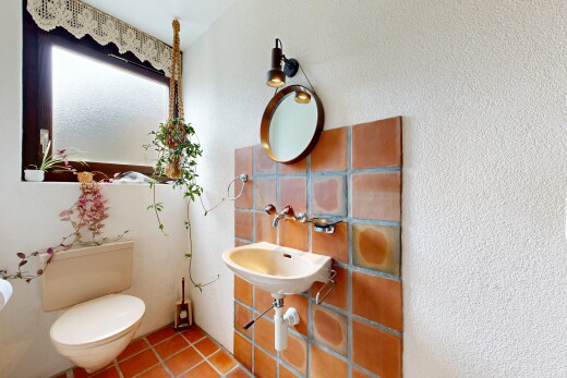 salle de bains avec toilette, miroir, inside property, évier, et lumière naturelle