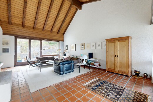 salon avec plafond haut, high ceiling, inside property, plafond voûté, et vaulted ceiling