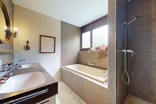 salle de bains avec miroir, bain, douche, natural light, et inside property