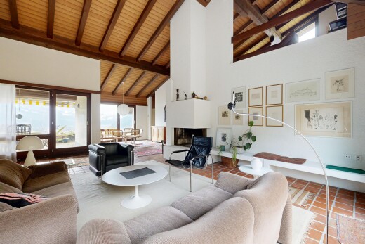 salon avec high ceiling, plafond haut, cheminée, inside property, et natural light