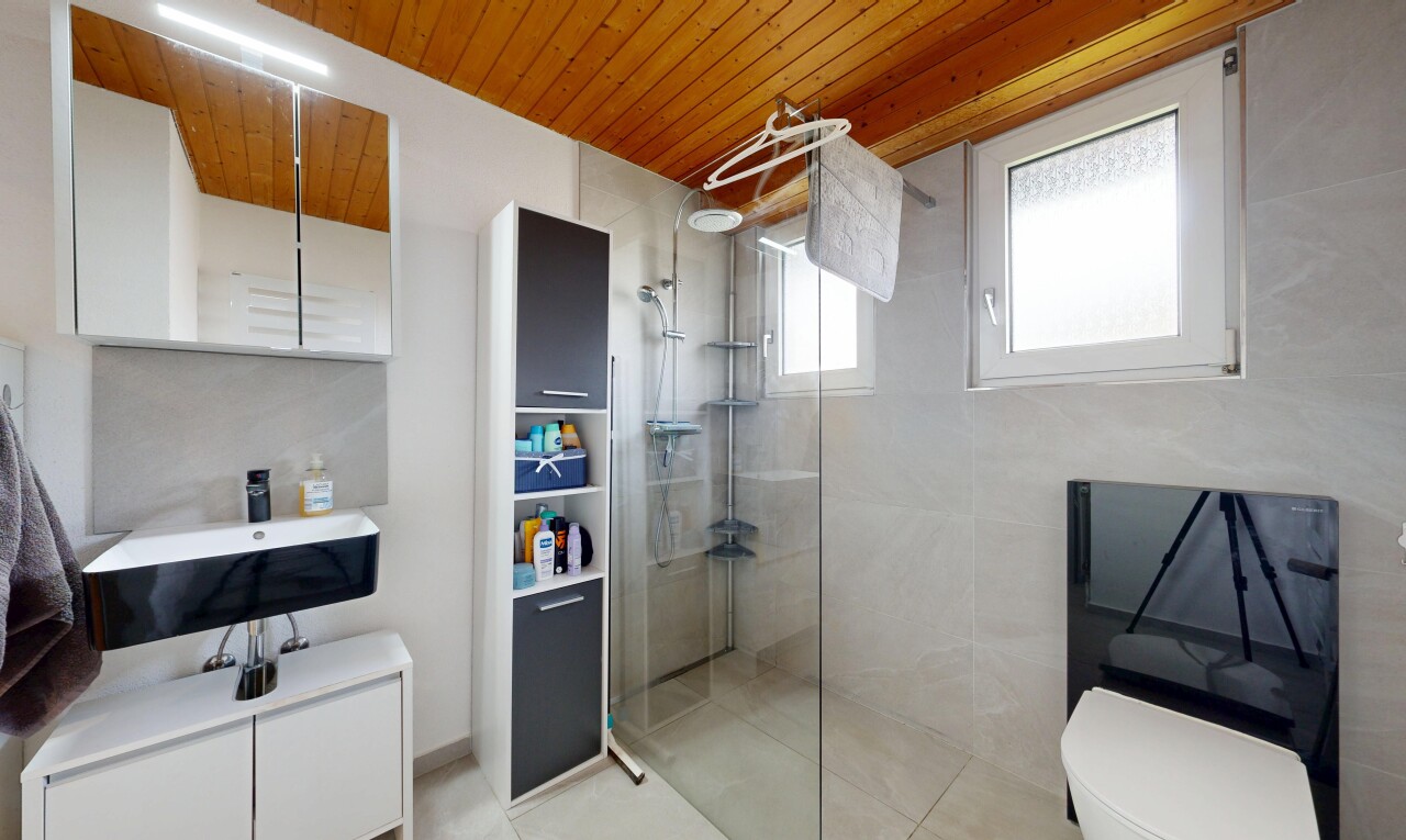 salle de bains avec wood ceiling, plafond en bois, miroir, salle de bain complète, et lavabo (ou coiffeuse selon le contexte)