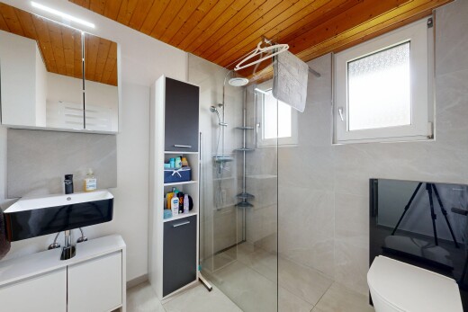 salle de bains avec wood ceiling, plafond en bois, miroir, salle de bain complète, et lavabo (ou coiffeuse selon le contexte)