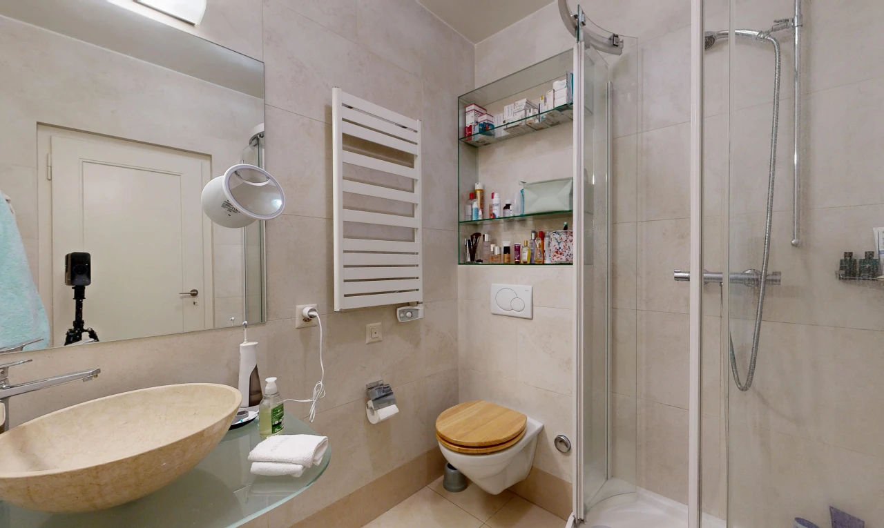 salle de bains avec radiateur, douche, salle de bain complète, évier, et chauffe-serviettes