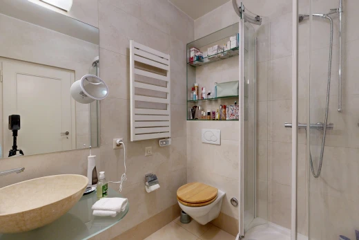 salle de bains avec radiateur, douche, salle de bain complète, évier, et chauffe-serviettes