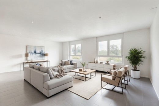 wohnzimmer mit natürliches licht, natural light, gipskartonwand, drywall, und virtually staged