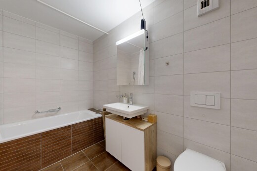 bad mit tile wall, fliesenwand, komplettes badezimmer, waschbecken, und spiegel