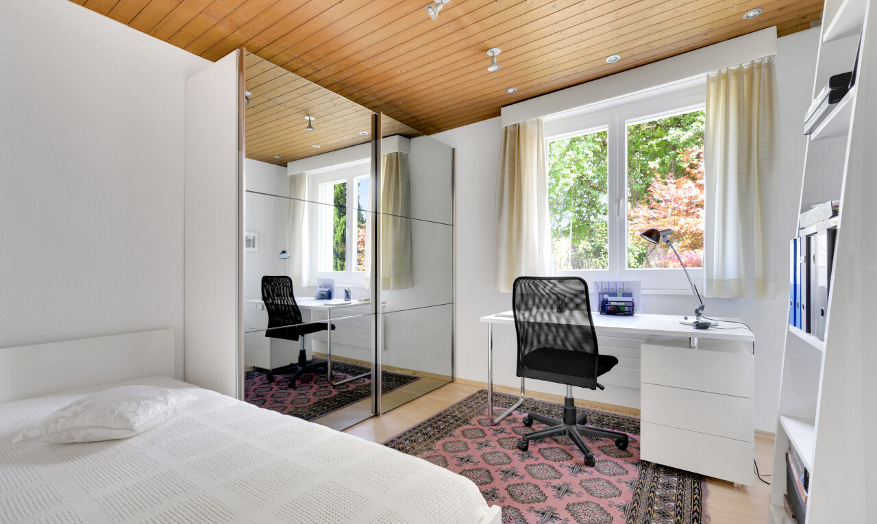 zimmer / schlafzimmer mit natürliches licht, natural light, holzdecke, wood ceiling, und bürobereich