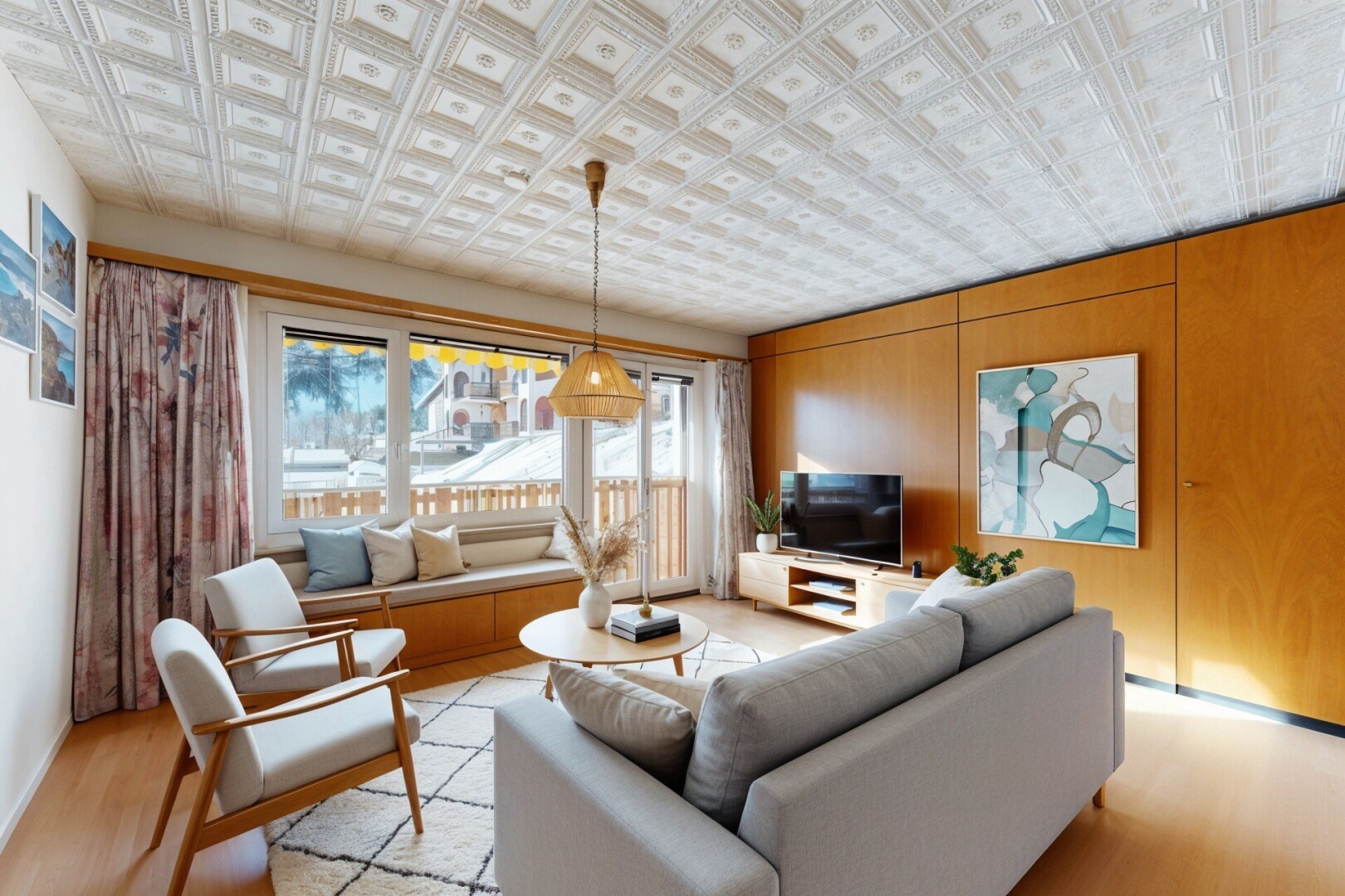 wohnzimmer mit holzfußboden, wood finish floor, fernseher, inside property, und blechdecke