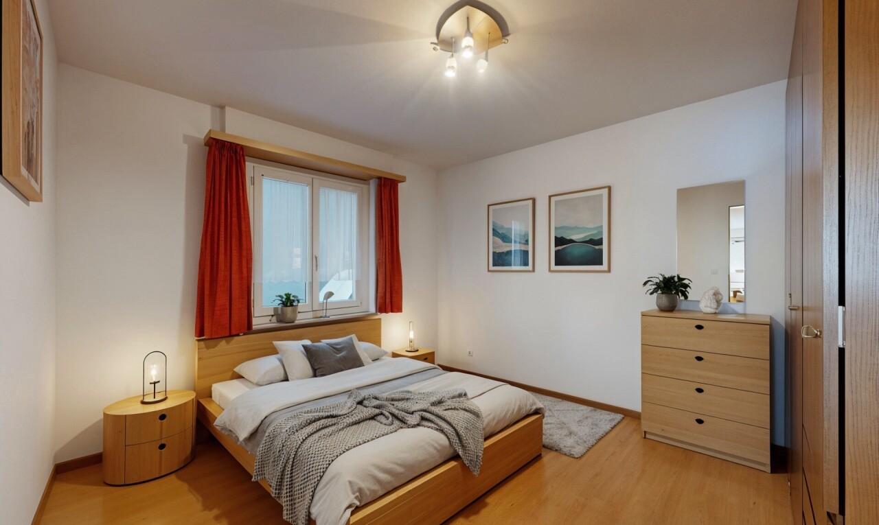 zimmer / schlafzimmer mit drywall, gipskartonwand, wood finish floor, holzfußboden, und inside property