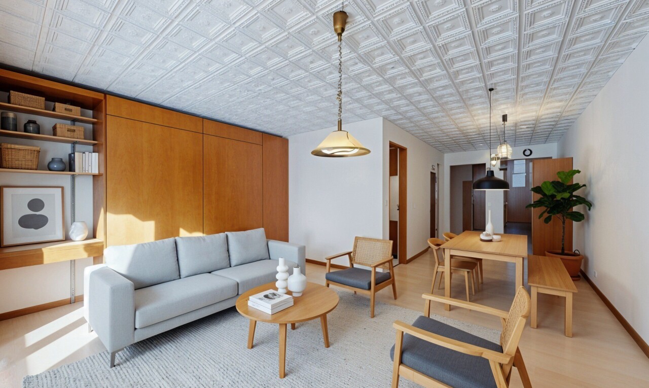 wohn- / esszimmer mit inside property, gipskartonwand, drywall, blechdecke, und tin ceiling