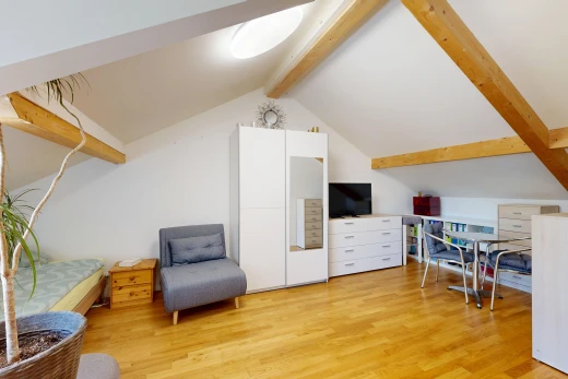 salon / salle à manger avec télévision, sol en finition bois, wood finish floor, plafond voûté, et vaulted ceiling