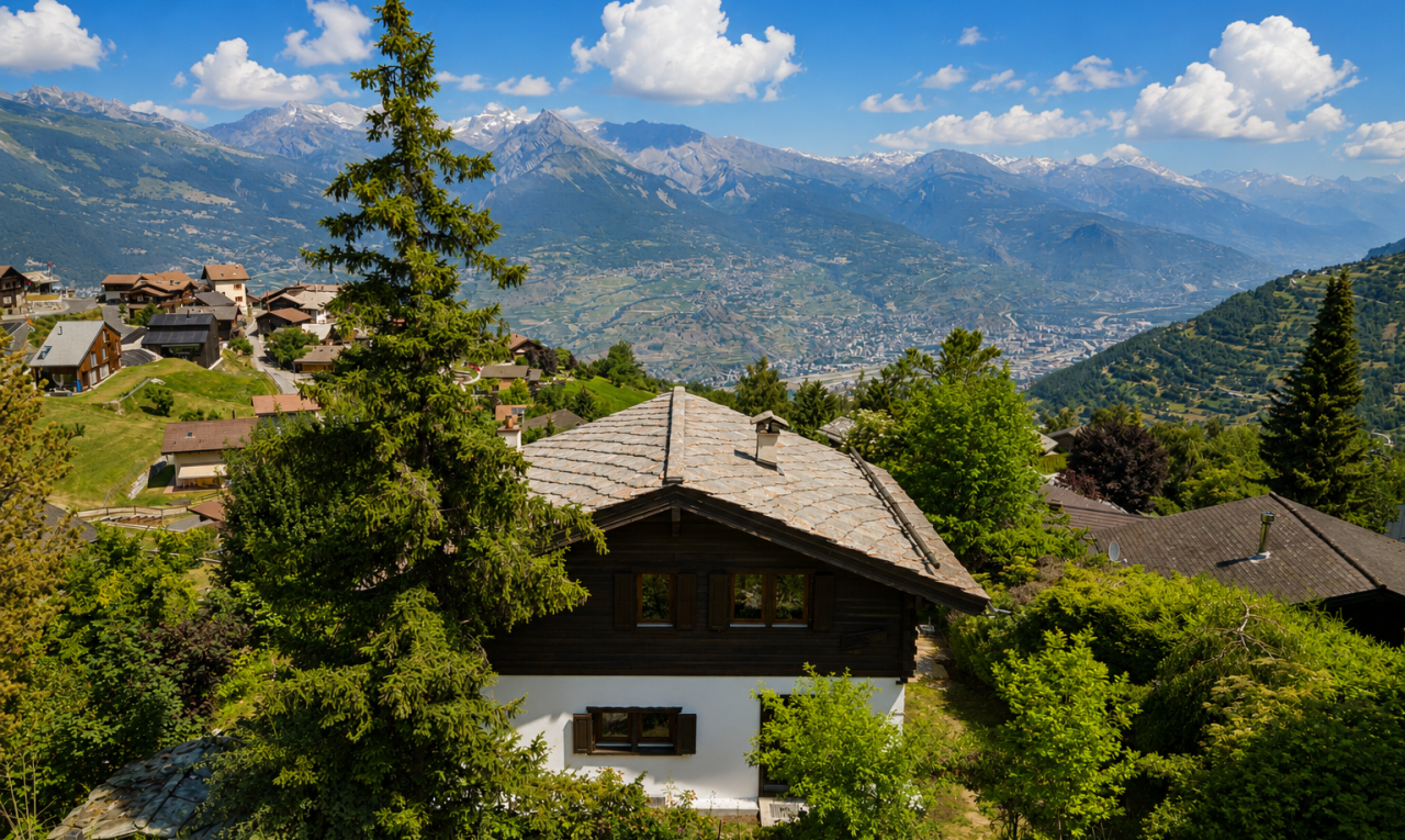 façade avec vue sur la montagne, mountain view, day time, property visible, et bardage en stuc