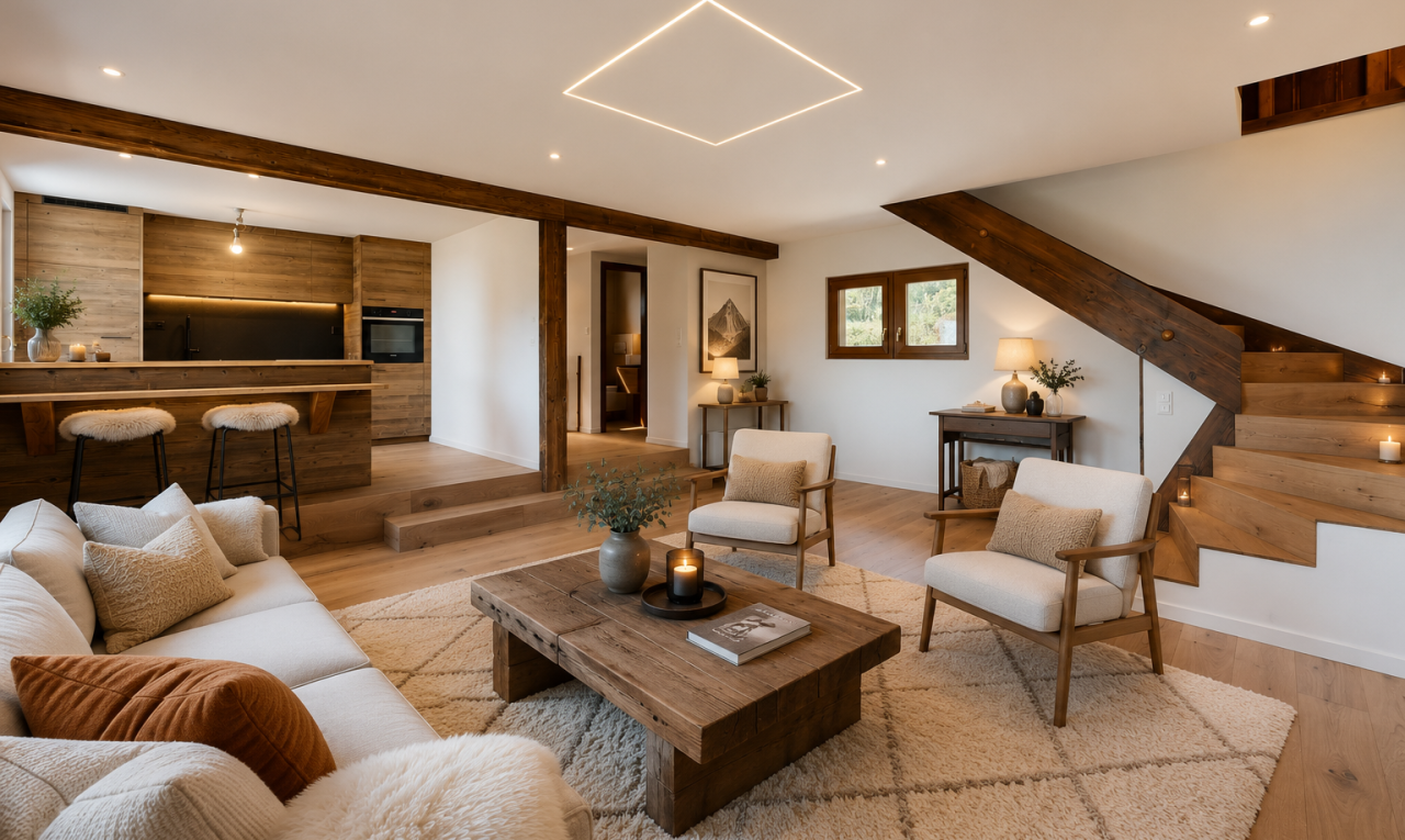 salon avec sol en finition bois, wood finish floor, inside property, cloison sèche, et drywall