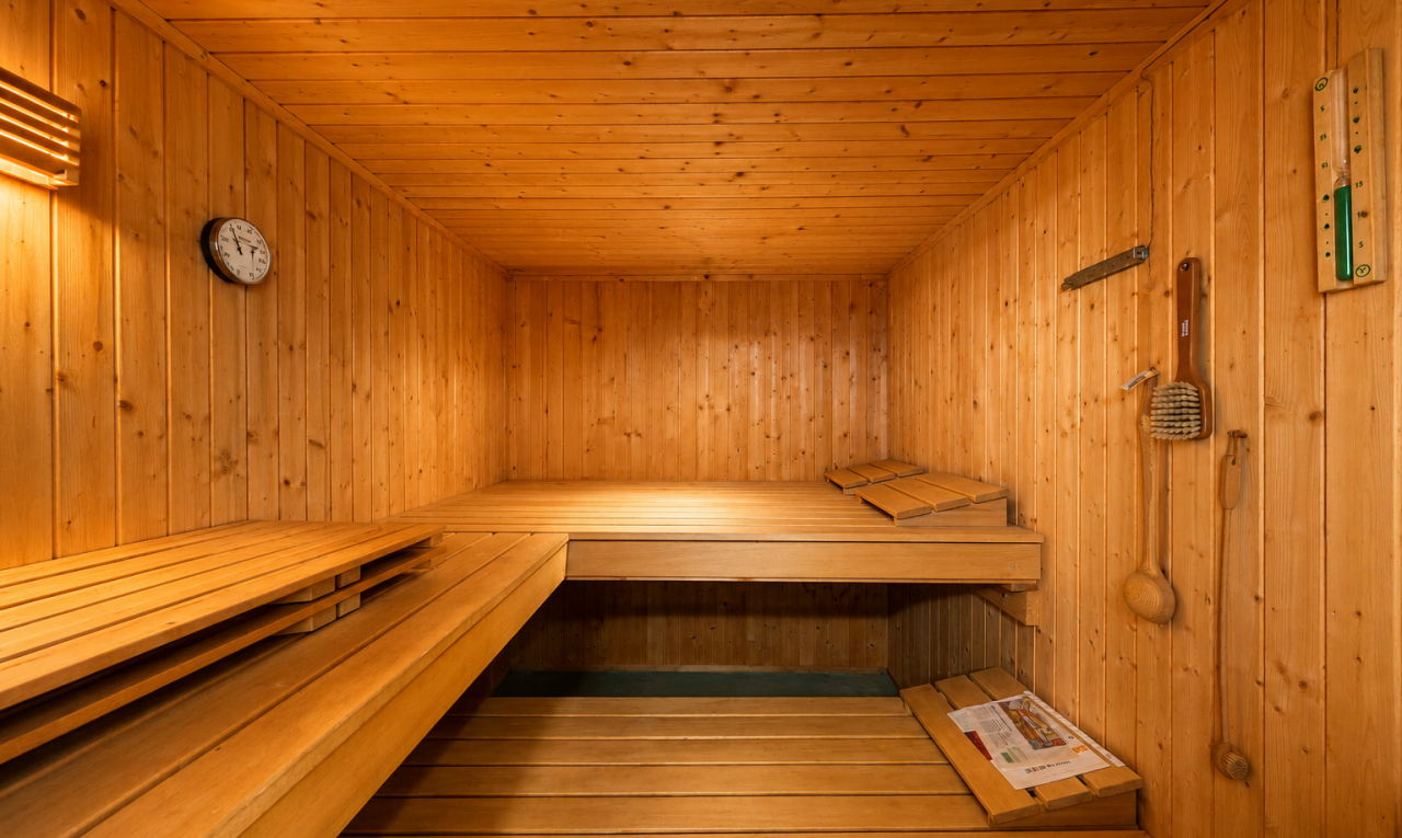 couloir avec sauna, plafond en bois, wood ceiling, et inside property