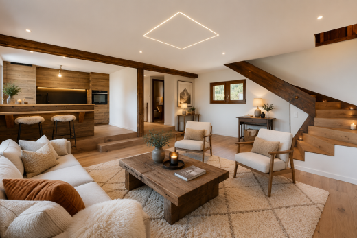 salon avec sol en finition bois, wood finish floor, inside property, cloison sèche, et drywall