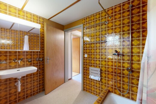 bad mit inside property, fliesenwand, tile wall, waschbecken, und teppich