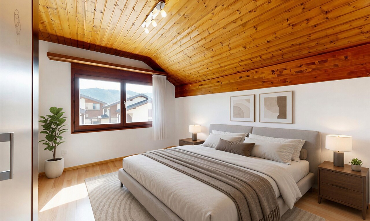 chambre avec éclairage sur rail, vaulted ceiling, plafond voûté, drywall, et cloison sèche